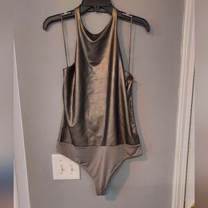 Express Bodycon Metallic Faux Leather Halter Neck Bodysuit Sz-L